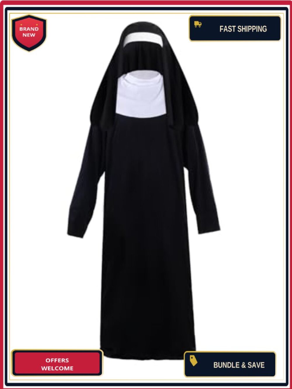 Women's Nun Costume Set Dress Headpiece Halloween Cosplay Party Outfit
